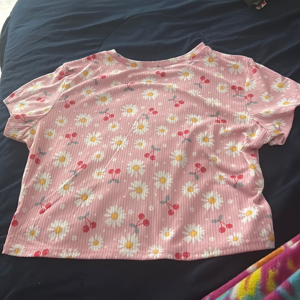 pink crop top with flowers and cherries